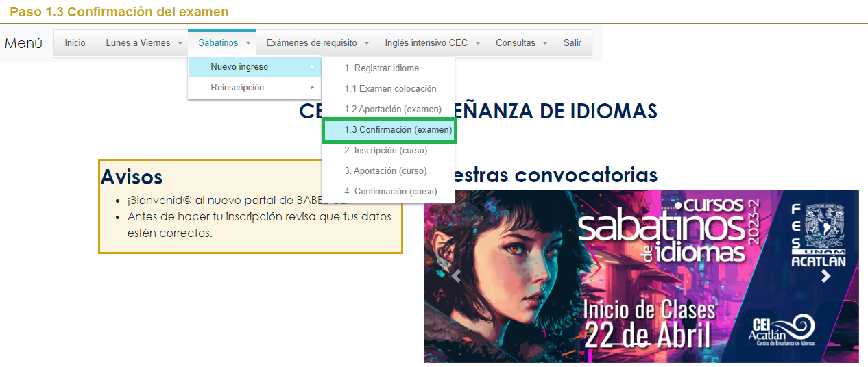 Paso 1.3 Confirmación del examen